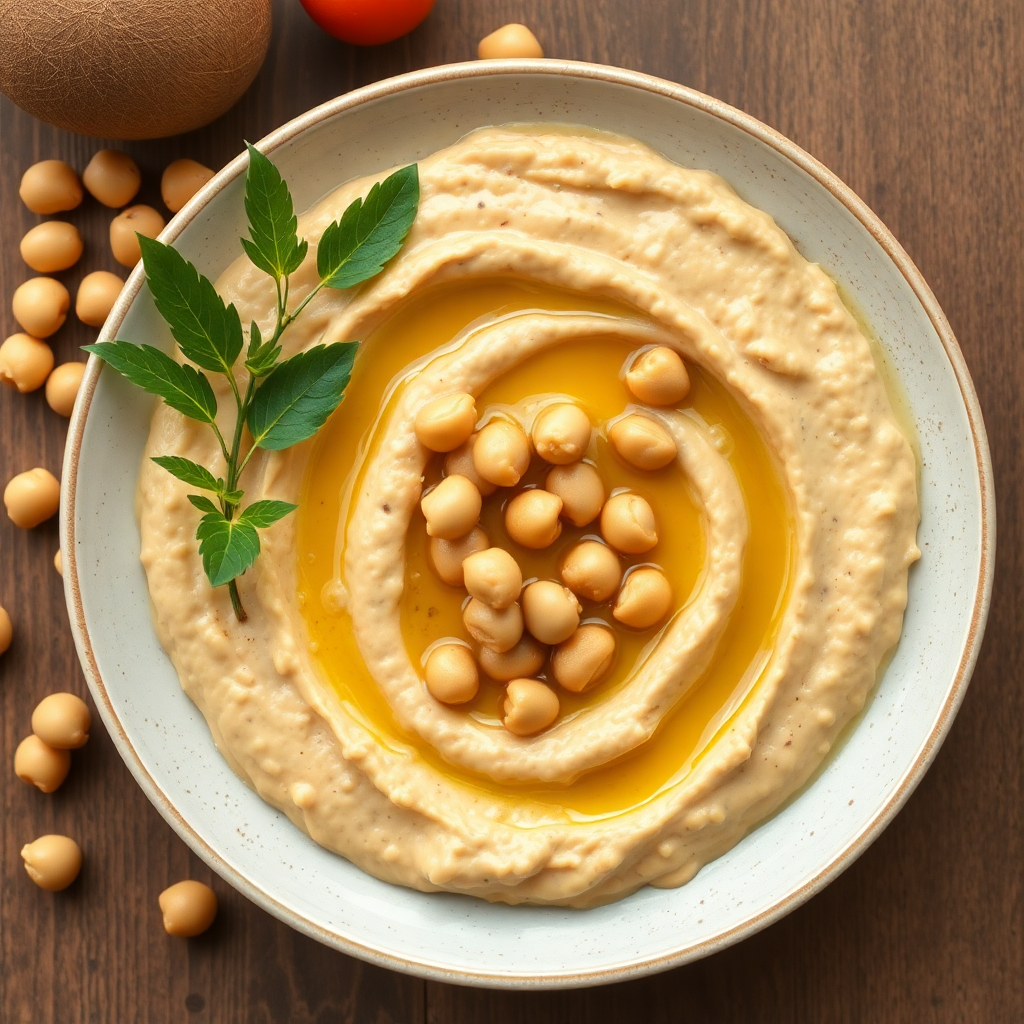 traditional Syrian hummus with chickpeas and olive oil top view