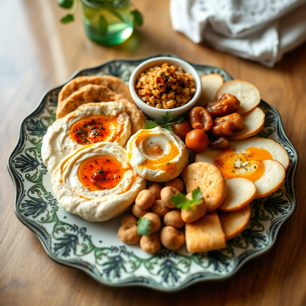 traditional Syrian mezze platter with hummus, mutabal, baba ghanouj on decorative plate
