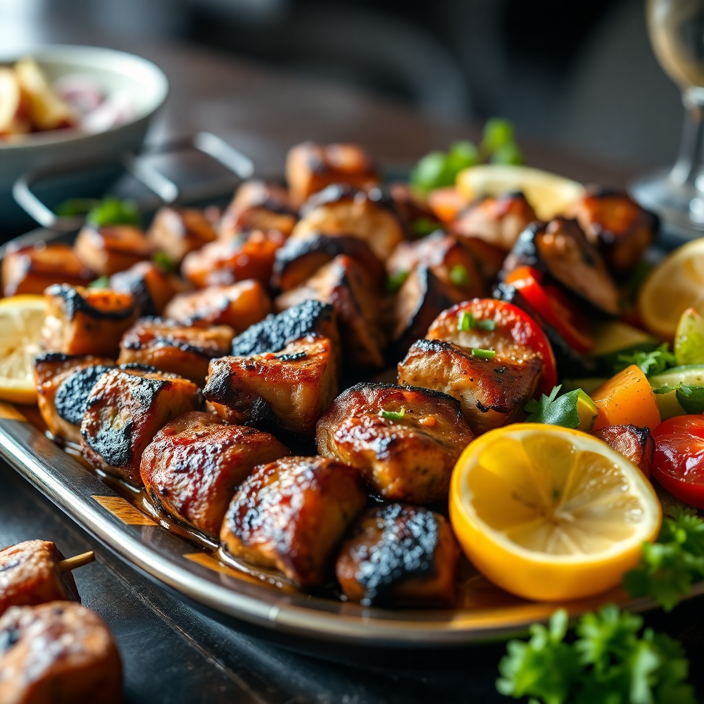 Syrian mixed grill platter with kabab and tikka close-up food photography