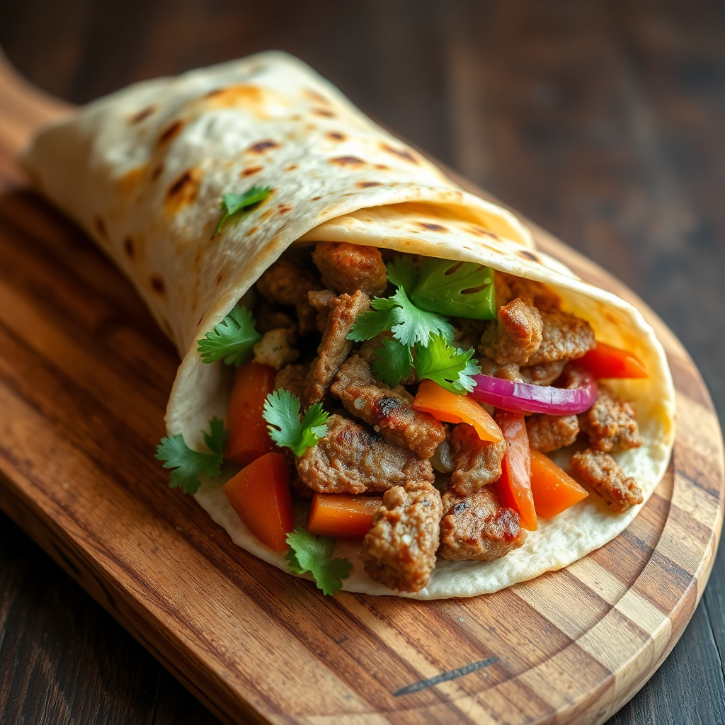 authentic Syrian shawarma wrap with meat and vegetables on wooden board
